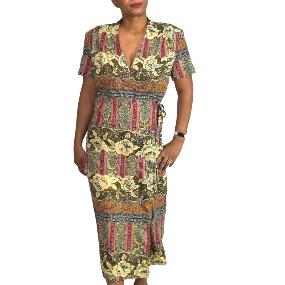 Vintage Wrap Dress Red Baroque Printed Column Midi 90s Rayon Floral Size Medium